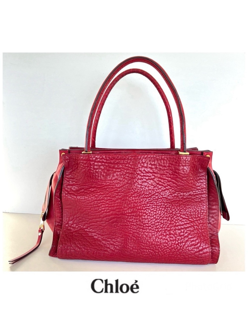 CHLOE Dree Red Structured Pebbled Leather Gold Hardware Shoulder Tote Satchel